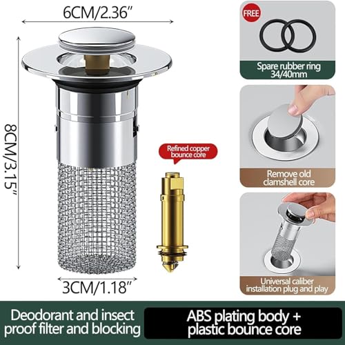 Bathroom Sink Stopper Hair Catcher, Stainless Steel Mesh Sink Drain Filter, Upgraded Kitchen Sink Plug Strainer Stainless Steel Strainers Sink Plugs, Bathroom Sink Drain Strainer (2.36 