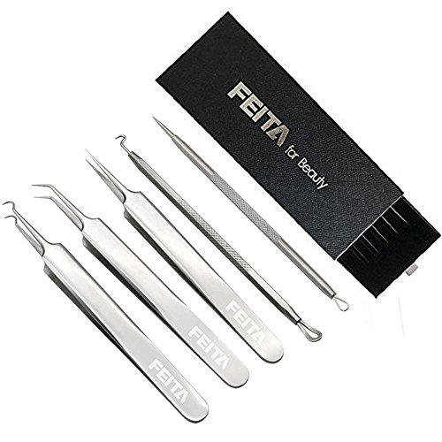 FEITA Blackhead Remover Pimples Comedones Splinter Extractors Tweezers Surgical Skin Care Cleaning Tools for Acnes Whiteheads Blemishes Zits Ingrown Hairs(5pcs)