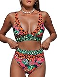Hilinker Women's Leopard Bikini Swimsuits V Neck