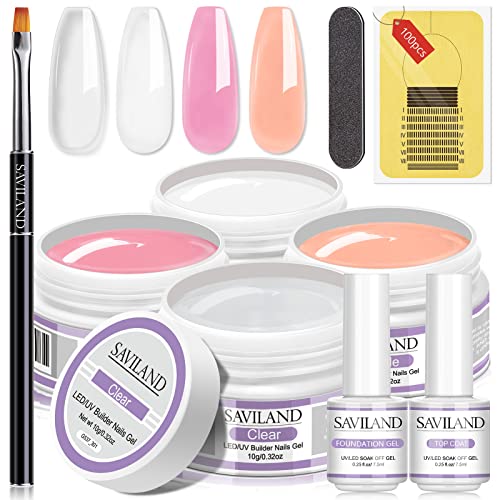 Saviland Building Gel for Gel Nails: 4 Basic Colours Builder Nail Gels Nail Set Clear White Nudes Pink Nail Strengths Gel with Nail Brush Pack of 100 Nail Shapes for Nails Art Supplies