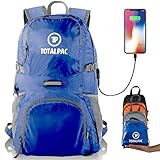 Totalpac Lightweight Hiking and Travel Backpack for Men & Women - Ultralight Packable Outdoor Back Pack for Any Hike - Small Foldable Daypack with USB Cable for Charging Gear While Trave (Blue)
