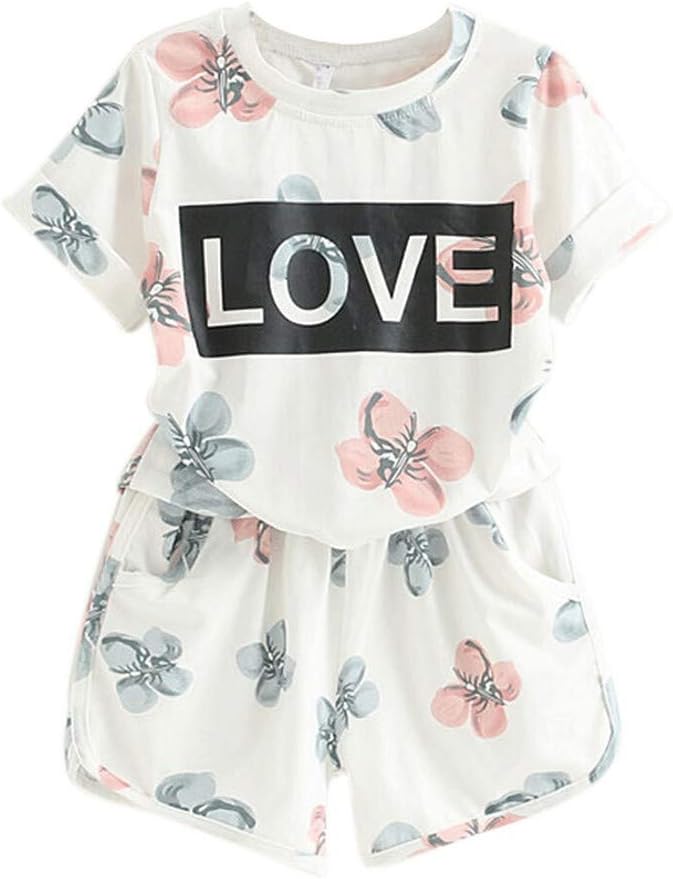 jieGREAT Kids Clothes, Toddler Kids Summer Clothes Set Baby Girls Boys Outfits Clothes Letter Flower Print T-shirt+Shorts Set