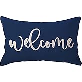 ULOVE LOVE YOURSELF Welcome Lumbar Throw Pillow Covers Farmhouse Rustic Decorative Rectangular/Waist Pillowcases 12 x 20 Inch Front Porch Decor Cushion Covers Housewarming Gifts(Blue)