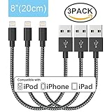 ONSON iPhone Cable,3Pack 8 Inch Short Nylon Braided iPhone Cord Lightning Cable Certified to USB Charging Charger for iPhone 7/7 Plus/6S/6S Plus,SE/5S/5,iPad,iPod Nano 7 (Black White,8 Inch)
