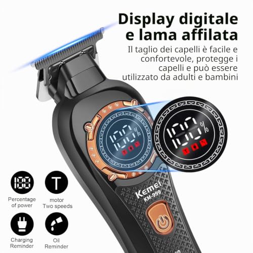 KEMEI 999 Professional Men's Hair Clipper Cordless Electric Cordless T-Blade Hair Clipper with LED Display and 3 Guide Combs (Black)