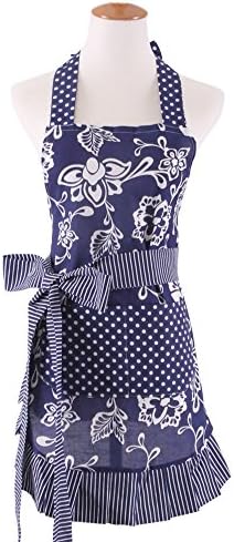 JIURUN Plus Size Retro Vintage Women Cute Black Apron Two Pockets 100% Organic Cotton Extra-long Tie Kitchen Apron for Baking Cooking Gardening 29 x 21 inch (Deep blue)