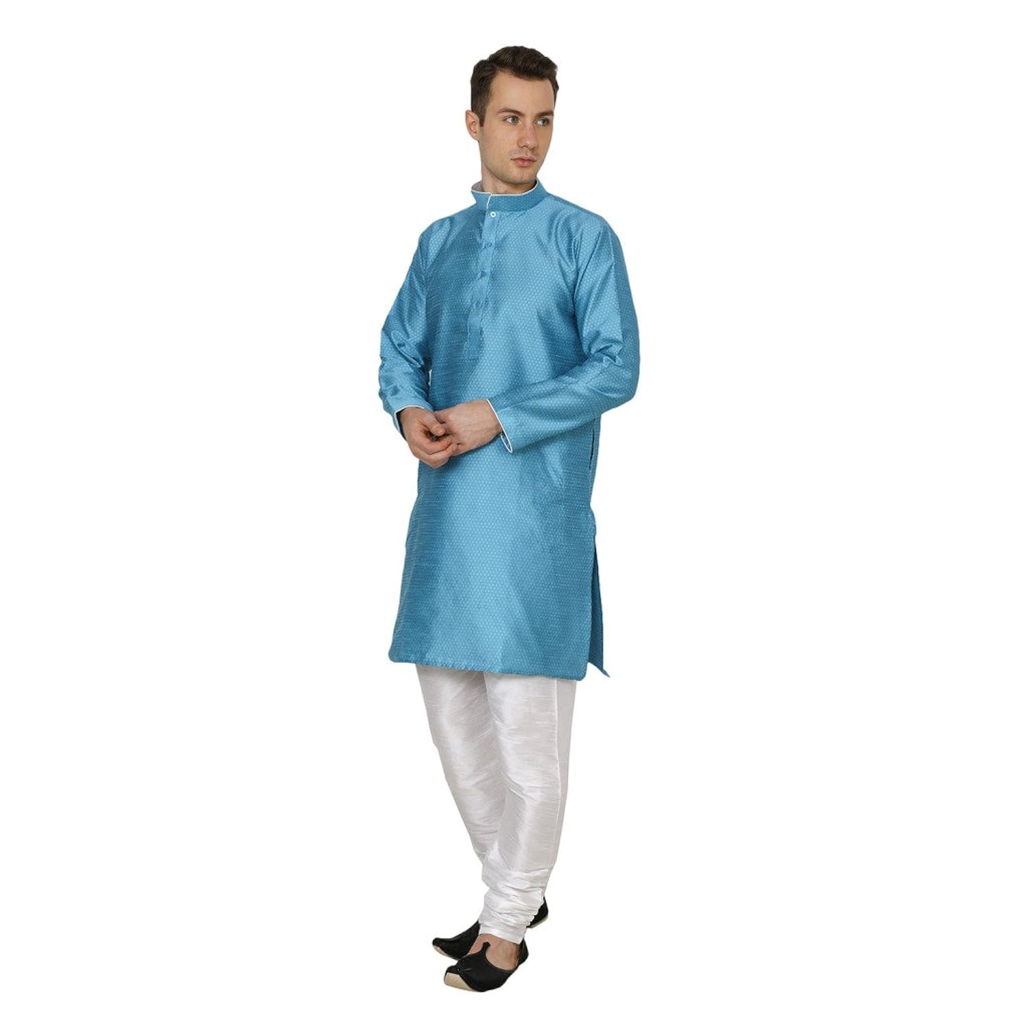 royal kurta men's self jacquard silk contrast piping kurta churidar
