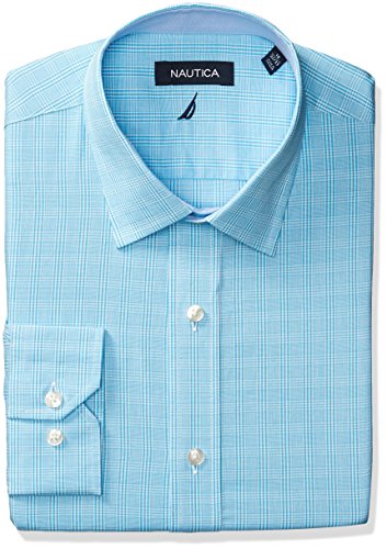 Nautica Men's Plaid Spread Collar Dress Shirt, Aqua, 16.5