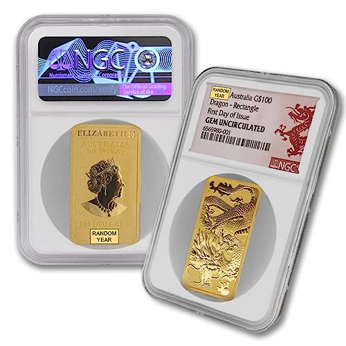 2018 - Present (Random Year) P 1 oz Australian Gold Dragon Bar Coin Gem Uncirculated (First Day of Issue) 24K $100 NGC GEMUNC