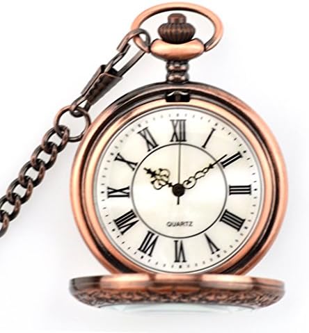 WZC Red Copper Quartz Movement Vintage Pocket Watches for Mens with Chains
