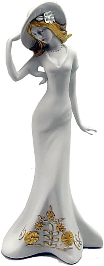 IMPORTED GIFT DEPOT Authentic Porcelain 14 Inches Fashion Icon Lady in Hat with White Dress and Golden Decoration Figurine