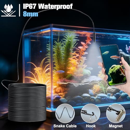 VINATO Endoscope for Smartphone 10 m, 1080P HD Waterproof IP67 Inspection Camera, 8 mm Probe with 8 LEDs, Type-C Direct Connection (iPhone/Android Adapter Included) for Vehicles, Tubing