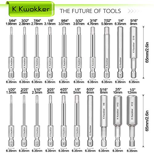 image for K Kwokker 20 x 1/4 Inch Hex Head Allen Wrench Drill Bit Set Standard &