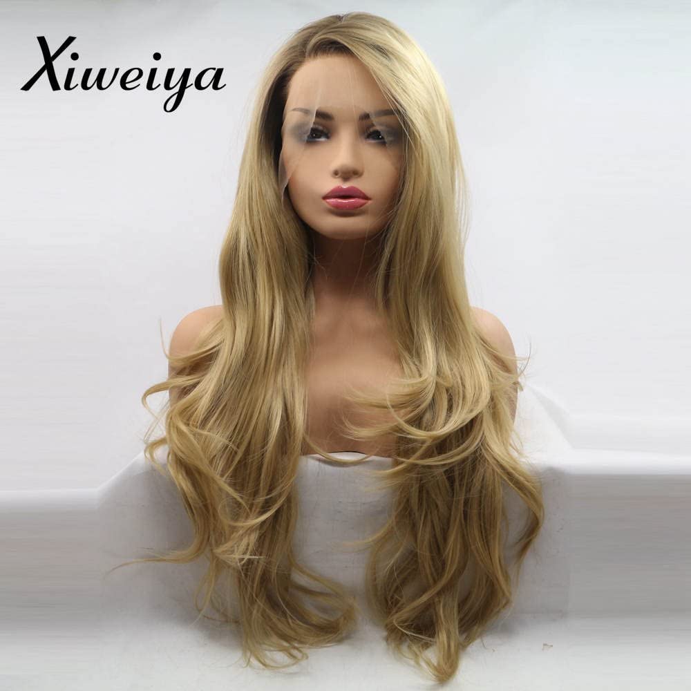 Xiweiya Long Blonde Wig Hair with Brown Root Wig Synthetic Long Blonde Lace Front Wigs Long Wavy Side Part Long Soft Wig Heat Resistant Fiber Hair Replacement Wig for Women Makeup 24 Inch