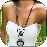 Navirix 1Pc Long Boho Necklaces for Women,Leather Cord Wooden Disc Round Pendant Necklace,Vintage Western Country Jewelry