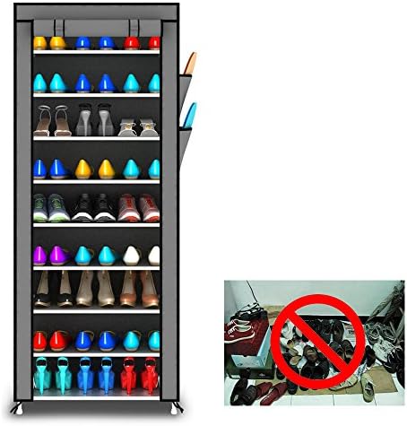CYM 10 Tiers Shoe Rack with Dustproof Cover Closet Shoe Storage Cabinet Organizer, Can Put 27 Shoes More | 67x23x11-Inch (Grey)