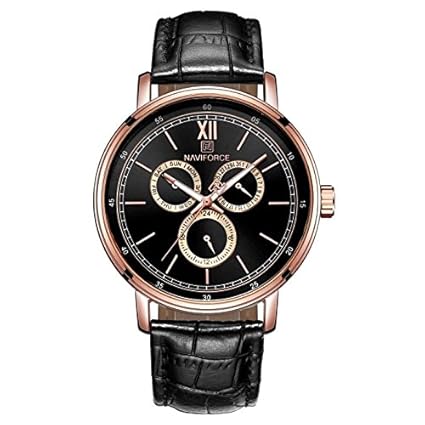 Elegance Black Golden Chronograph Leather Watch Day, Date, 24 hr Format 3002