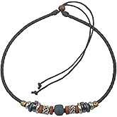 Ancient Tribe Boho Leather Cord Choker Necklace with Tribal Beads & Mixed Accents, Adjustable 15 Inches – Multiple Colors