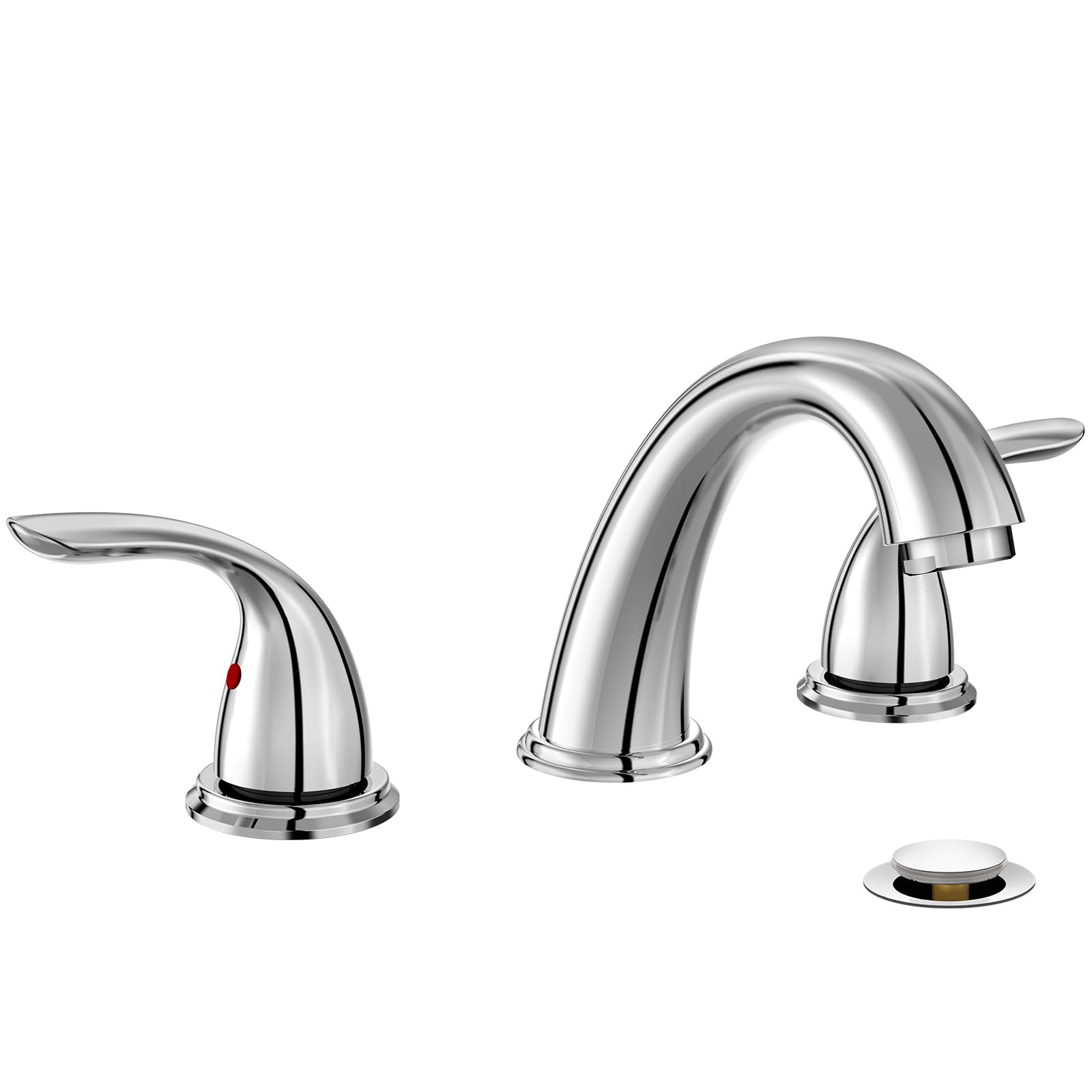 Phiestina Chrome 8 Inch 3 Holes Widespread Bathroom Sink Faucet 3 Pieces 2 Handles Low-Arc with Copper Pop Up Drain and Valve, WF008-5-C