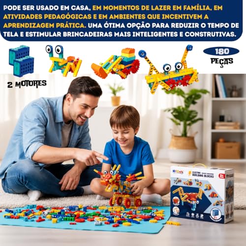 Blocos de Montar Robô Infantil 180 Peças com 2 Motores Elétricos, Kit Educativo de Construção e Engenharia, Brinquedo Criativo para Meninos e Meninas, Raciocínio Lógico, +3 Anos