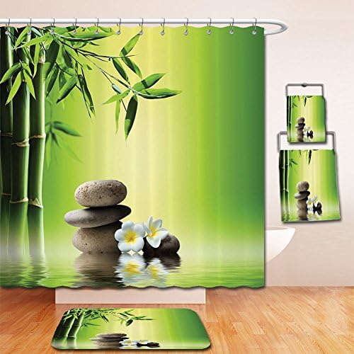 LiczHome Bath Suit: Showercurtain Bathrug Bathtowel Handtowel Bamboos Spa Decor Collection Japanese Therapy and Relaation Stones Frangipani FlowerDesign Polyester Fabric Etra Green Yellow For Bathroom