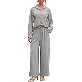 kaimimei Women's Linen 2 Piece Outfits Loungewear Set Button Down Shirt Wide Leg Pants with Pockets Comfortable Casual