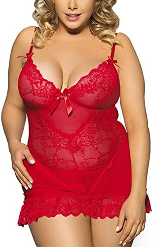 CLASSY KISS Plus Size Sheer Stretch Lace Babydoll Set With Bow Tie Red-3XL(US 12-14)