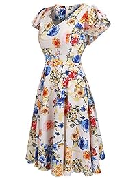 beyove Flare Vestido de Swing una línea Vintage Midi vestido Cuello En V Manga De volantes Floral té vestido