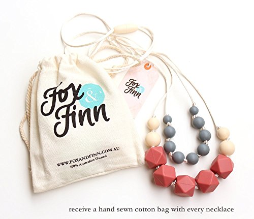 Fox and Finn 'Isabella' Silicone Teething Necklace for Babies | Safety Knotted Silk Rope | Does Not Pull Hair Out | 14 Inch Drop (Marsala + Smoke + Latte)