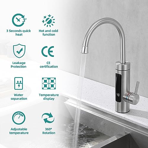 HOMELODY Electric Tap with Instantaneous Water Heater 230 V Kitchen LED Electric Kitchen Tap Stainless Steel 360° Swivel Hot Water Boiler Kitchen Tap Camping Tap