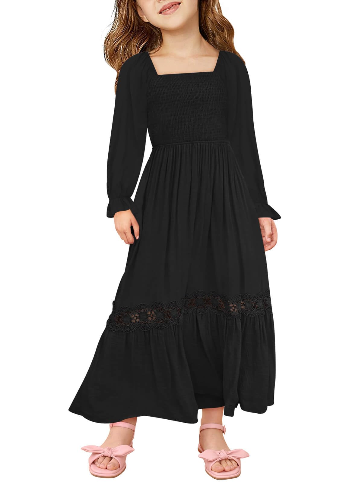Photo 1 of ***(HEAVILY USED/ MINOR DAMAGE)***Haloumoning Girls Boho Summer Dresses Long Sleeve Square Neck Smocked Beach Dress Flowy A-line Maxi Dress 4-14 Years, Black, 13-14 Years