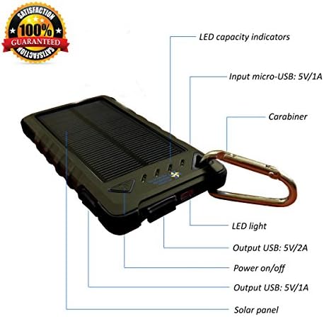 Cell Phone Charger - Solar & Plugin - 8000mah Dual USB - Best of Portable Battery Chargers - Rugged Shock Dust Waterproof for iPhone Sprint Lg Htc Android Samsung Nokia Motorola & USB devices (BLACK)