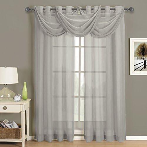 RoyalCollection Abri Grommet Crushed Sheer Window Treatments, Deluxe Look & Contemporary Styling, 24 in. x 24 in. Single Waterfall Grommet Valance, Grey