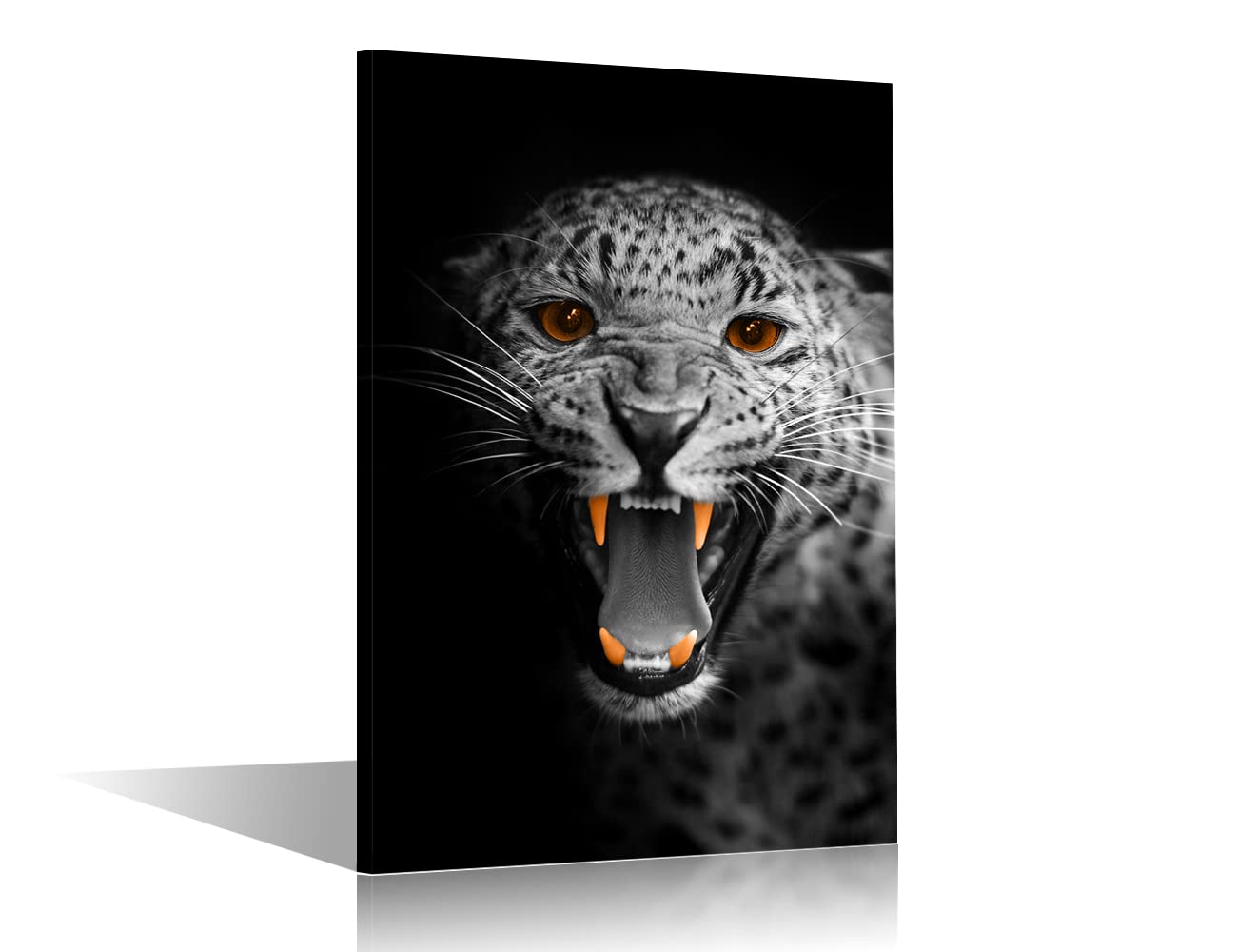 Black Background Nature Wildlife Leopard Office Decor Art Prints Forest Animals Leopard Yellow Teeth Pictures Bathroom Decor Wall Art Giclee Wooden Framed Gallery-Wrapped Ready to Hang (16"Wx24"H)