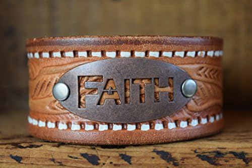 Upcycled Brown White Embossed Leather Cuff Bracelet Riveted with FAITH Medallion