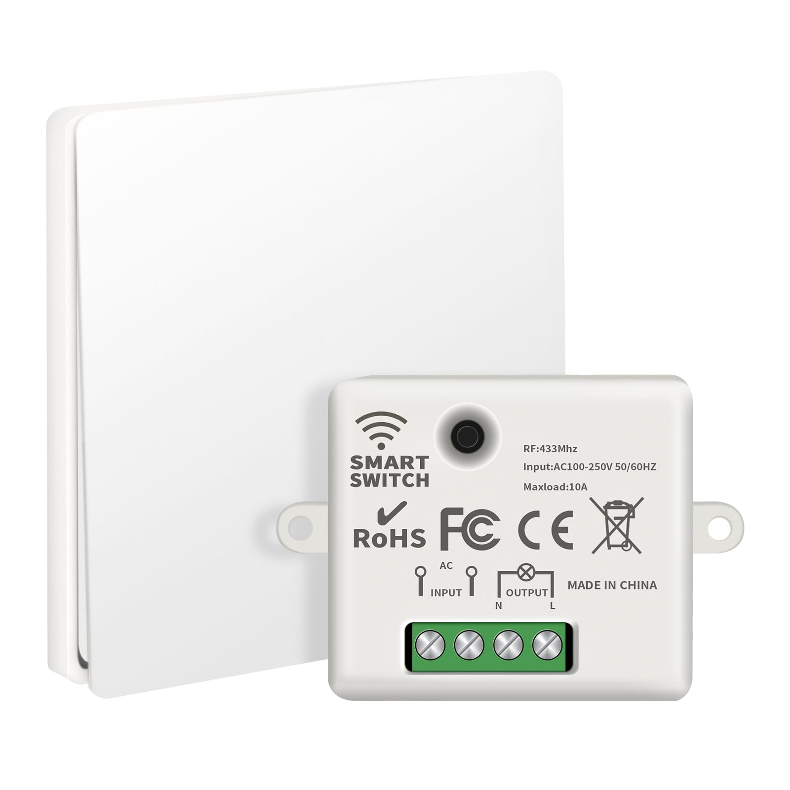 VIPMOON Wireless Light Switch Kit 10A 250V, No Wiring Self-Powered Waterproof, Wireless RF433 Remote Control with Easy-to-Install Receiver, for In-/Outdoor Lights (RF Switch and Receiver)