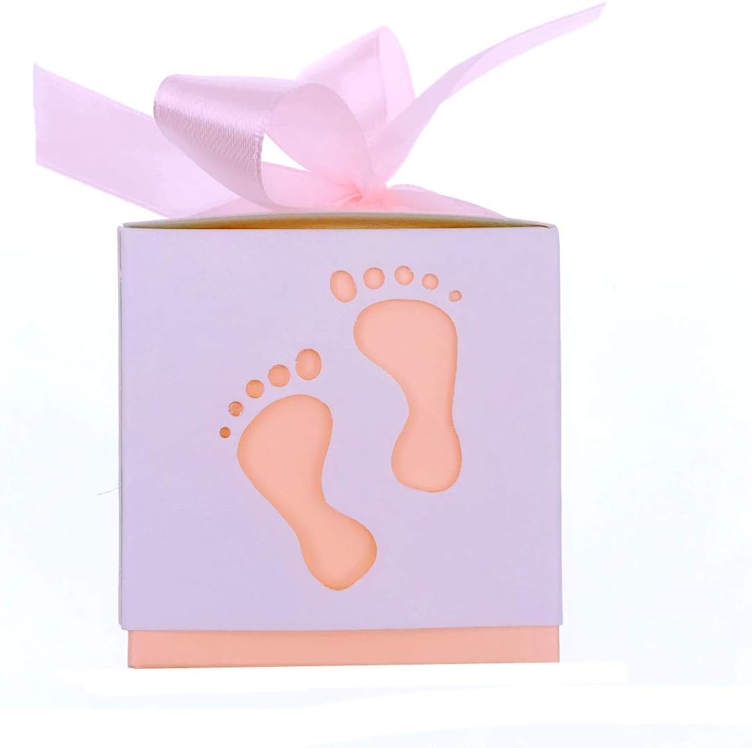 JZK 50 x Pink footprint paper baby shower favour boxes for girl baby shower girl birthday party christening baptism newborn party - Image 4