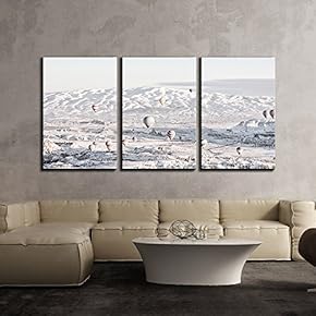 3 Piece Canvas Wall Art - Hot Balloons Flying Above The Snow Covered Mountains - Modern Home Art Stretched and Framed Ready to Hang - 16"x24"x3 Panels