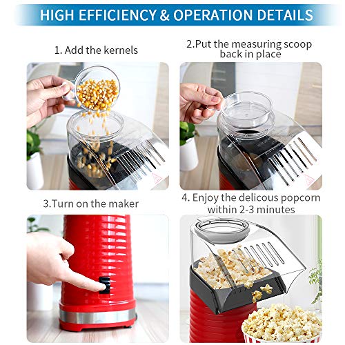 Hot Air Popcorn Maker, Popcorn Machine, 1200W Popcorn Popper with Measuring Cup and Removable Lid for Watching Movies and Holding Parties in Home, No Oil Needed Great For Kids, Red