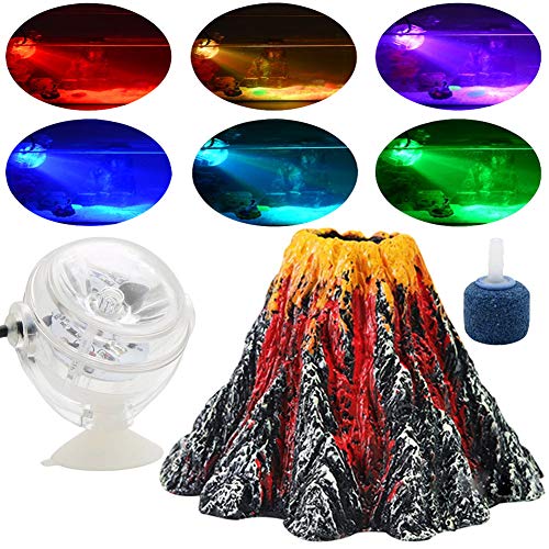 Normei Aquarium Volcano Ornament Kit Colorful LED Spotlight Air Bubbler Stone for Aquarium Fish Tank Decorations