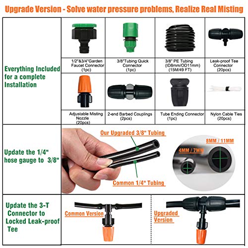 2019 Upgrade Outdoor Misting Cooling System Kit, Drip Irrigation Watering Kits, Great for Summer Mister Cooling and Plants Watering, 49FT Misting Line + 20PCS Adjustable Misting Nozzles+Quick Adapter