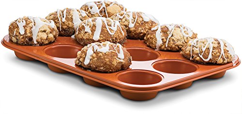 Ceramic Coated Copper Muffin Pan 12 Cup - Premium Nonstick, Even Baking, Dishwasher and Oven Safe - PTFE/PFOA Free -Red Cookware and Bakeware by Bovado USA
