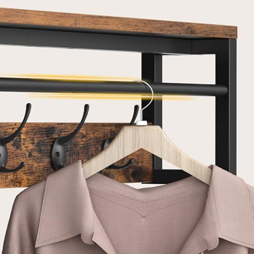 Perchero de Pared con Estante, Perchero Flotante con Barra y 5 Ganchos, Estante Colgante para Paraguas, Sombreros, para Entrada, Pasillo, Sala de Estar, Negro y Marrón Rústico EBF78YM01