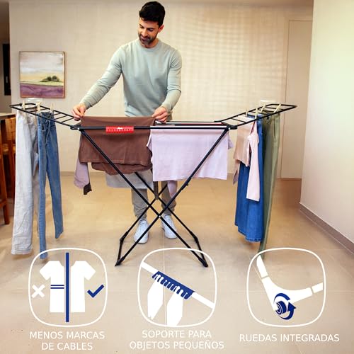 Tendedero Ultimate Extra de Aluminio con Patas en X (Black Edition) | Tubos 5 Veces más Resistentes | Tubos XL para Menos Marcas en Ropa | 20M para Secado | Soporte Calcetines