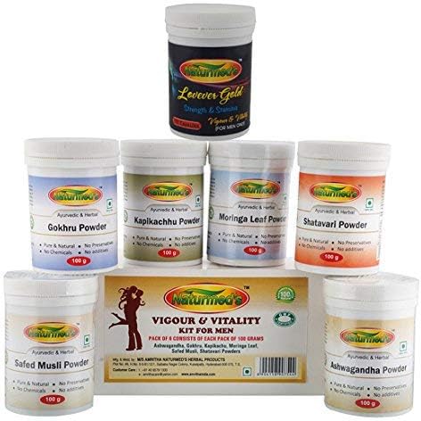 Naturmed's Vigour And Vitality Gold Kit For Men (Ashwagandha, Gokhru, Kapikachu, Moringa Leaf, Safed Musli, Shatavari Powder-100 Gms Each + 180 Capsules)|Improves Stamina, Strength And Vitality