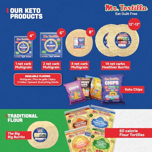 MR. TORTILLA PROTEIN KETO CHIPS – DAIRY FREE, KETO FRIENDLY TORTILLA CHIPS PROTEIN SNACKS, 3 NET CARBS PER SERVING, 10G PROTEIN PER BAG, LOW CARB – (MULTIGRAIN 2 OZ BAGS, 4-PACK)