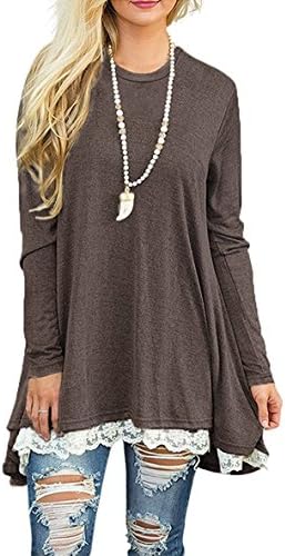 UMETINY Women Lace Splicing Long Sleeve Tunic Top Blouse (M, Coffee )