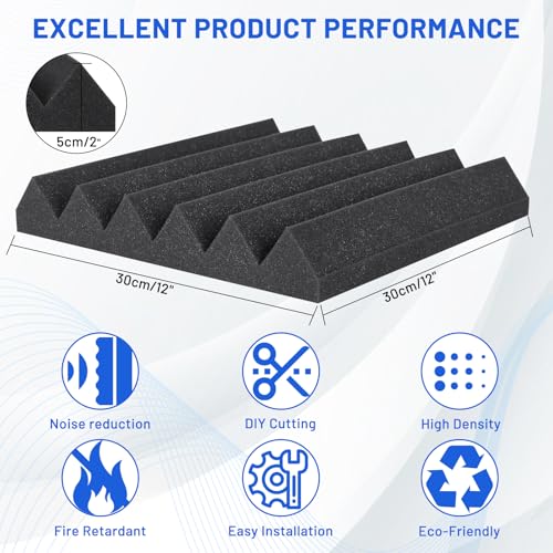 50 Pack Sound Proofing Panels, 2" X 12" X 12" Acoustic Foam Wall Panels, Soundproofing Wedge Panels, Sound Absorption Wall Panels, Sound Proof Panels for Studio, Home, Office, With Double Sided Tape