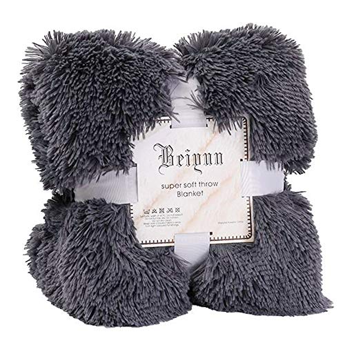 SUKEQ Faux Fur Thrown Blanket, Super Soft Shaggy Fuzzy Fluffy Plush Long Blanket King Bedding Cover Decorative for Bedroom Sofa Couch Chair Fall Winter Spring Living Room (Gray)