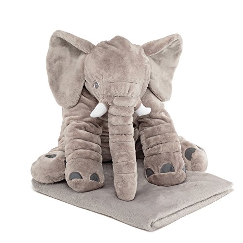 Naturally Nature Stuffed Plush Elephant Pillow - 24 inches, Grey with Blanket Baby Pillow